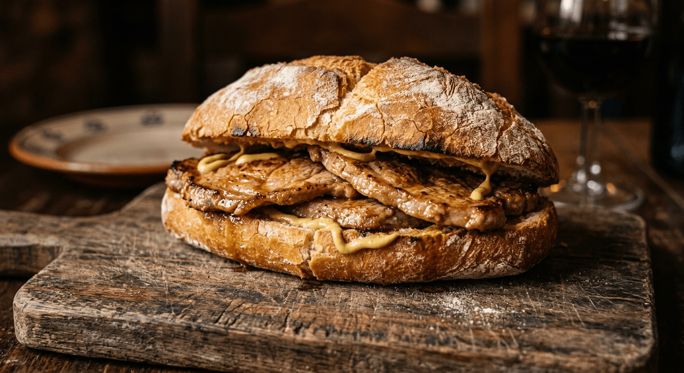 Bifana tradicional portuguesa em pão papo-seco com mostarda